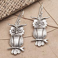 
							Feathery Friends, Sterling Silver Owl-Motif Dangle Earrings
						