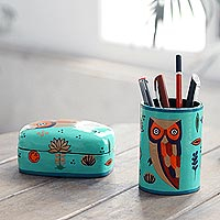 
Owl Story in Teal, Papier Mache Owl-Motif Pen Holder
