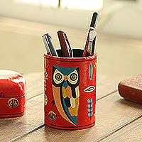 
Owl Story in Red, Hand Made Papier Mache Pen Holder
