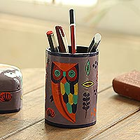 Owl Story in Dusty Lavender, Hand Painted Papier Mache Pen Holder