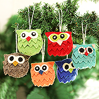 
Merry Hoots, Handmade Wool Owl-Motif Holiday Ornaments (Set of 6)
