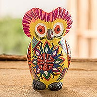 Sunrise Owl, Decorated Yellow Ceramic Owl Figure with Geometric Design