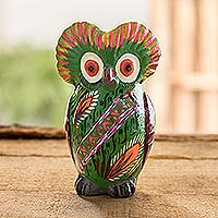 
							Rainforest Owl, Decorated Green Ceramic Owl Figure from Guatemala
						