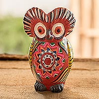 
							Mandala Owl, Red Ceramic Owl Figure with Geometric Design on Chest
						