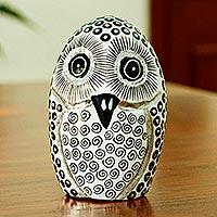 
Oviform Owl in Black and White, Signed Black and White Owl Alebrije Figure from Oaxaca
