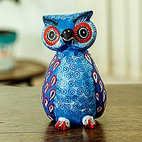 
Blue Winged Owl, Hand Carved Owl Alebrije with Blue Wings from Oaxaca
