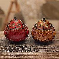 
							Fortunate Owls, Decorative Owl Figures of Dried Mate Gourds from Peru (Pair)
						