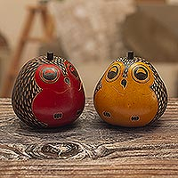 
							Singing Owls, Decorative Owl Figures of Dried Mate Gourds from Peru (Pair)
						