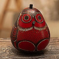 
							Paunchy Red Owl, Dried Mate Gourd Box Painted in an Owl Motif from Peru
						