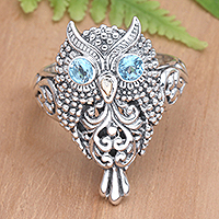 Brilliant Owl, Artisan Crafted Blue Topaz Ring