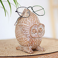 Antique Owl, Hand Carved Owl Wood Sculpture to Hold Eyeglasses