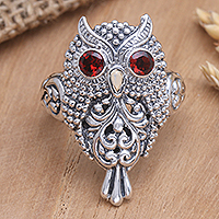 Precious Owl, Handcrafted Sterling Silver and Garnet Ring