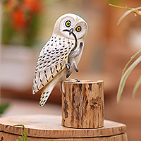 Snow Owl, Hand Made Suar Wood Owl Statuette from Java