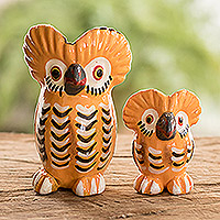 Owls of Good Fortune, 2 Handcrafted Ginger Orange Ceramic Owl Figurines