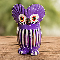 
Adventurous Tecolote, Purple Owl-shaped Ceramic Figurine Handcrafted in Guatemala
