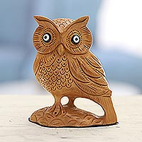 Owl Glory, Hand-Carved Wood Figurine of An Owl from India