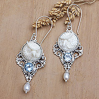 
							Loyalty Owl, Owl Dangle Earrings with Cultured Pearls and Blue Topaz Gems
						