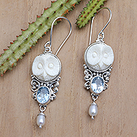 Sage's Loyalty, Owl Dangle Earrings with Pearls and 3-Carat Blue Topaz Gems