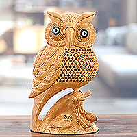 
Wise Essence, Hand-Carved Kadam Wood Owl Sculpture from India
