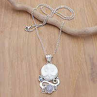 Midnight Owl, Balinese Multi-Gemstone Sterling Silver Owl Pendant Necklace