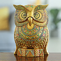 
							Golden Sage, Traditional Painted Kadam Wood Magnet of a Golden Owl
						