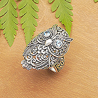 Loyalty Feathers, Owl-Themed Cocktail Ring with Faceted Blue Topaz Jewels