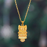Owl Soul, 22k Gold-Plated Sterling Silver Owl Pendant Necklace