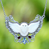 Owl's Amulets, Owl-Themed Pendant Necklace with Garnet and Blue Topaz Gems