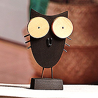 Big Eyes Owl, Owl-Themed Tilia Wood and Stainless Steel Sculpture in Black