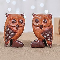 
Twin Wisdom, Set of Two Han-Carved Raintree Wood Owl Figurines
