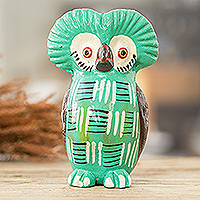 Lovely Tecolote, Guatemalan Hand-Painted Green Ceramic Owl Figurine