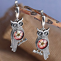 Sage's Romance, Owl-Themed Red Flower Sterling Silver Dangle Earrings