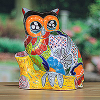 
Sunshine Sage, Owl-Themed Floral Painted Ceramic Sculpture from Mexico
