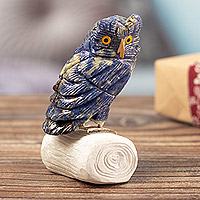 Sage Owl, Handcrafted Sodalite Owl Sculpture with White Onyx Base