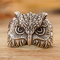 Emblem of the Sage, Owl-Shaped Sterling Silver Cocktail Ring from Costa Rica