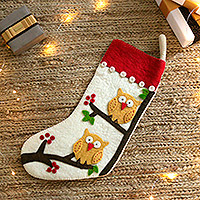 Holiday Magic, Handmade Applique Wool Felt Owl-Themed Christmas Stocking