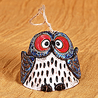 
							Curious Owl, Handcrafted and Painted Blue Owl Ceramic Bell Ornament
						