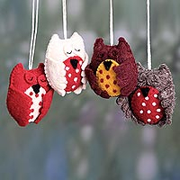 Sleepy Owls, Wool Felt Owl Holiday Ornaments Handmade in India (set of 4)