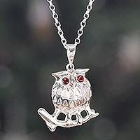 
Owl of Passion, Owl-Themed Sterling Silver and Round Garnet Pendant Necklace
