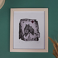 
Owls in Love, Armenian Ink on Paper Intaglio Print of Romantic Owl Couple
