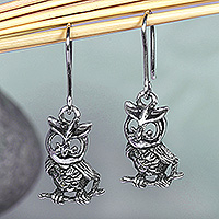 
Whimsical Feathers, Sterling Silver Owl Dangle Earrings in an Oxidized Finish
