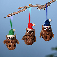 
Owl Hats, Assorted Handmade Owl-Themed 3-Piece Wool Felt Ornament Set
