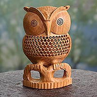 Night Owl, Artisan Crafted Wood Bird Sculpture