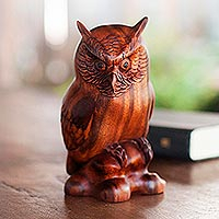 Crested Owl, Fair Trade Wood Bird Sculpture