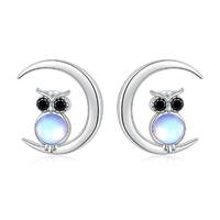Owl Moon Earrings Studs 925 Sterling Silver Simulated Moonstone Crescent Half Moon Hypoallergenic Bi