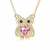 14K Gold Owl Wisdom with Heart Crystal Lovely Animal Pendant Necklace Jewelry