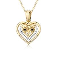14K Solid Gold Lovely Heart Owl Pendant Necklace for Women