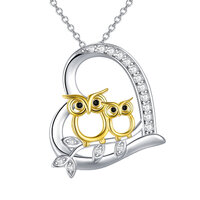 Mother Daughter Owl Heart Pendant Necklace in Sterling Silver