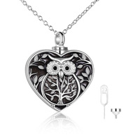 Sterling Silver Heart Urn Owl Necklace for Ashes Cremation Keepsake