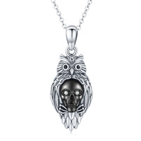 Owl Skull Pendant Necklace Halloween Necklace 925 Sterling Silver Black Punk Skeleton Skull Necklace